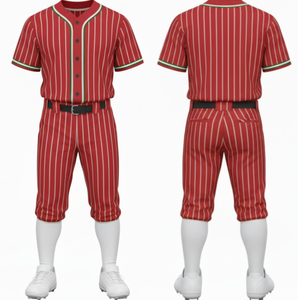 ชุดเบสบอลลายทางสีแดงขาวแบบมืออาชีพ เสื้อเจอร์ซีย์ติดกระดุมเต็มตัว พร้อมขอบตัดสีเขียวขาว และกางเกง - Product Image 1
