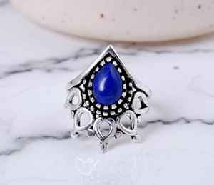 Teardrop Lapis Lazuli Statement Ring Rhodium Plated Oxidized Silver Boho Jewelry Intricate Ethnic Scrollwork Band - Product Image 6