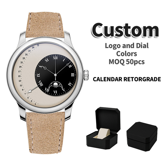 Moon Phase Mechanical Watch Automatic Retrograde Calendar Vintage Suede Leather Strap Custom Logo Wristwatch OEM ODM Factory