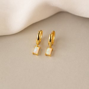 Baguette Birthstone Dangle Earrings 925 <b>silver</b> gold plated Dainty <b>Huggie</b> <b>Hoop</b> Earrings with Custom Charm Bridesmaid Gifts - Product Image 1