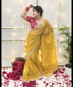 Saree de mariée en mousseline de soie avec broderie en filet et chemisier prêt à l'emploi pour mariage et fête - Product Image 4