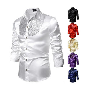 <b>Men's</b> <b>Satin</b> Luxury Solid Silk Dobby Fabric Long Sleeve Wrinkle Free Casual Streetwear Dance Party T-<b>Shirt</b> - Product Image 4