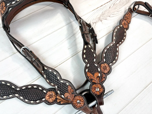 Dark Basketweave Tooled Leather Buckstitch Border Tack Set Western Headstall Breast Collar Horse <b>Bridle</b> Custom Equine Riding - Product Image 3