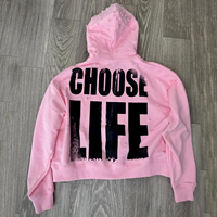Hoodies zippés en coton épais 100% brodés, délavés à l'acide, effet vieilli, avec sérigraphie rose, coupe carrée courte, pour l'hiver