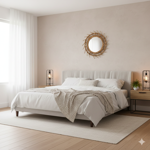 Miroir rond de coiffeuse/mural ECONA, magnifique, écologique, fait à la main en bambou et en rotin tressé, design bohème en forme de soleil pour salle de bain et chambre à coucher - Product Image 1