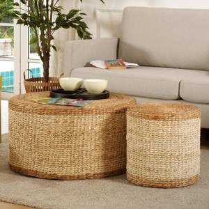 Pouf rond en jacinthe d'eau naturelle tissé à la main léger durable écologique idéal pour s'asseoir repose-pieds ou accent moderne - Product Image 3