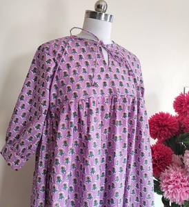 Robe midi en coton imprimé à la main bohème, robe d'été florale décontractée - Product Image 2