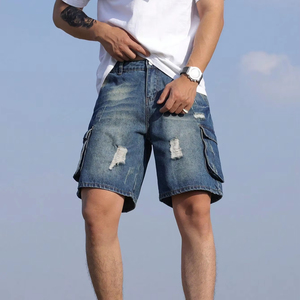 Pantalones cortos de mezclilla de verano para hombre, pantalones vaqueros rasgados azules con múltiples bolsillos, pantalones cortos de estilo informal con agujeros destruidos de algodón sólido para hombre - Product Image 3