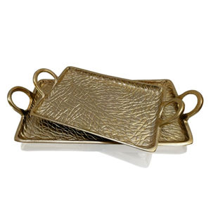 Ensemble de 2 plateaux de service décoratifs en aluminium argenté martelé vintage, plateau de service en métal fait à la main moderne pour la décoration de la maison et la cuisine - Product Image 4