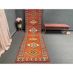 Vintage <b>Runner</b> Rug, 3x12.3 ft Turkish Rug, <b>Red</b> Polka dot Wool Rug - Product Image 1
