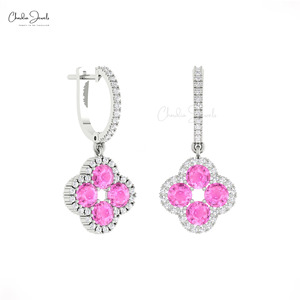 New Arrival 14k Solid <b>Gold</b> Diamond Halo <b>Hoop</b> Earrings 4mm Round Cut Pink Sapphire Floral Earrings Handmade Fine Jewelry Supplier - Product Image 4