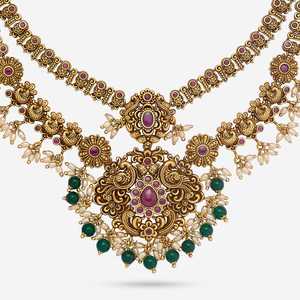 Collar Largo Haaram con Diseño Floral, Chapado en Oro, con Piedra Verde Rubí, Estilo Antiguo, Coleccionable, Joyería Vintage Elegante, 190722 - Product Image 5