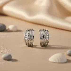 Boucles d'oreilles créoles en argent pour femmes, serties de zircon cubique taille baguette, bijoux en cristal - Product Image 1