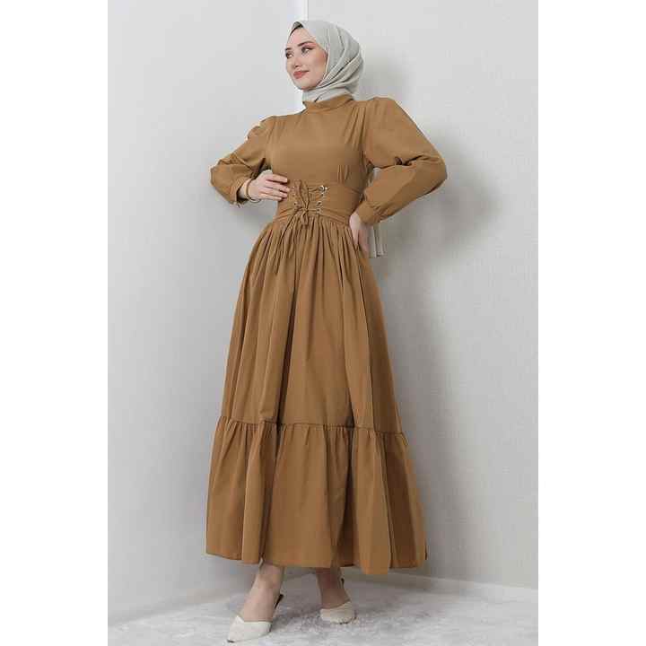 Waist Detail Hijab Dress Sütlükbrown