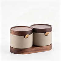 Pot à épices en céramique fait main avec couvercle en bois, pot de rangement minimaliste pour la cuisine, pour sel, sucre, herbes, assaisonnements