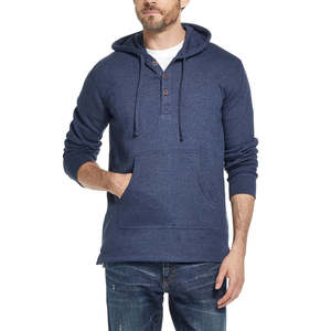 Felpa con Cappuccio Henley Vintage Impermeabile da Uomo Blu Navy, Design con Bottoni, Tessuto Lavorato a Maglia con Lavaggio Enzimatico, Taglia Media, per la Stagione Autunnale - Product Image 1