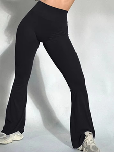 Pantalon de yoga taille haute avec fermeture élastique à séchage rapide Leggings de sport à motif solide avec taille de logo coupe ajustée à la hanche pêche - Product Image 4