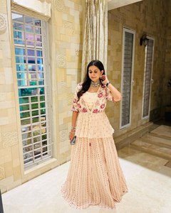 High Demanded Indo western Type <b>Light</b> Peach Color Lehenga Choli in Georgette With Embroidery <b>Work</b> For Traditional Occasions - Product Image 4