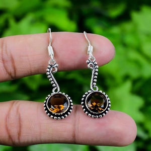 Bijoux pour femmes Boucles d'oreilles en argent style bohème Bijoux en argent sterling 925 Quartz fumé Pierres précieuses Tendance Boucles d'oreilles faites à la main Cadeau - Product Image 4