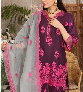 Personalizable paquistaní listo bordado de lujo Color púrpura Shalwar Kameez 3 piezas cosido césped hecho a mano trajes de mujer - Product Image 3