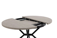 Table à manger extensible moderne ronde à ovale, pieds en métal en X, plateau en panneau de particules texture pierre, 6 places, gain de place, pour entrée d'hôtel