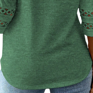 Womens Casual Long Sleeve <b>Top</b> Round Neck Loose Fit Shirt With Lace Sleeve Detail Elegant Everyday Fashion Clothing For Women - Product Image 5