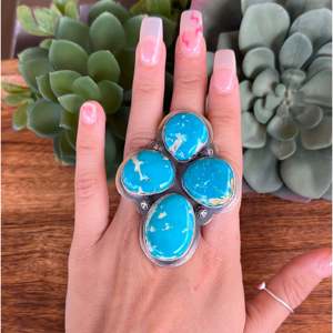 Sandra Nez Kingman <b>Adjustable</b> <b>Ring</b> Fashionable Turquoise & Sterling Silver Gold Plating Bezel Setting Inlay Stainless Steel Gift - Product Image 2