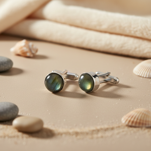 Boutons de manchette et pinces à cravate en labradorite argentée pour homme (perle dorée onyx) - Product Image 1
