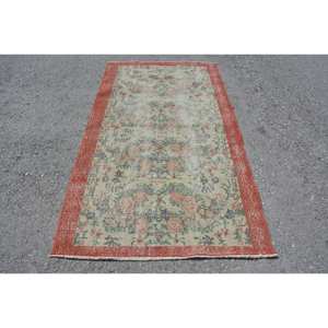 Alfombra turca Vintage Rectángulo grande 3,6X6,6 pies Clásico Rojo Beige Patrón de retazos abstracto Látex de lana para uso en el pasillo de adolescentes - Product Image 1