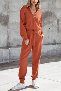 Traje informal para mujer, sudadera de lona de 2 piezas, pantalones de chándal para correr, Jersey con cremallera, Tops largos con decoración de botones - Product Image 4