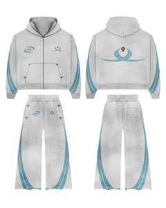 Unisex Gray Tracksuit Set Full Zip Hoodie Blue Stripes Heat-Transfer Printing Breathable Eco-friendly 100% Cotton Casual Wear - Product Image 6