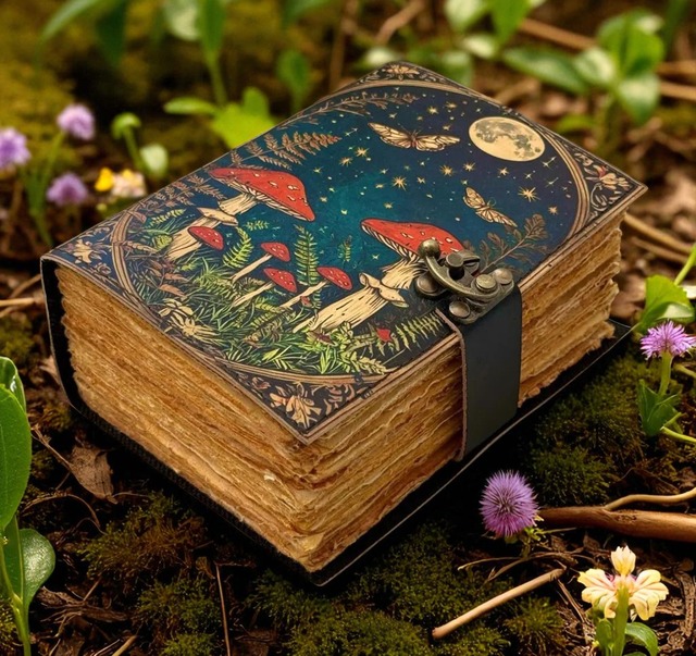 Vintage A5 Mushroom Leather Hardcover Thread Sewing Grimoire Notepad 120 Sheets UV Printing NEW ERA NEE-606 Deckle Edge Gift