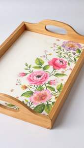 Plateau de service rond en bois d'acacia et résine époxy avec poignées pour table basse, cuisine, nourriture, boissons, organisateur de maison - Product Image 3