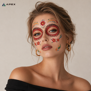 Tatuaggio Temporaneo a Tema Giorno dei Morti, Teschio di Zucchero per Viso Intero 158x158mm, Dia De Los Muertos Catrina, Trucco di Halloween - Product Image 5