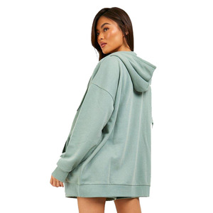 Sweat à capuche zippé pour femmes, couleur bleu glace, épaule tombante, 300 GSM, polaire vierge, avec poches avant et cordes à capuche à vendre - Product Image 2