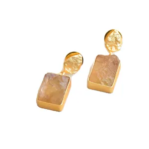 Citrino-pendientes de gota pequeña, pendientes dorados, citrino, joyería de piedra sin procesar, fabricante de aretes pequeños, distribuidor