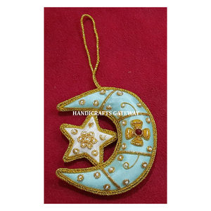 Muy hermoso artículo más vendido Zari bordado Color Azul forma de Luna adorno colgante de Navidad para decoraciones de árboles - Product Image 1