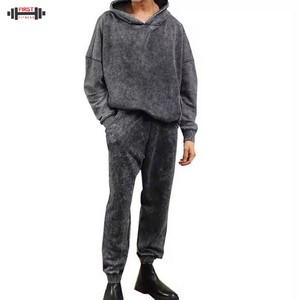 Chándal de lavado ácido con capucha de invierno para hombre, traje deportivo elegante de manga larga, forro polar de algodón 100%, ajuste cómodo - Product Image 1
