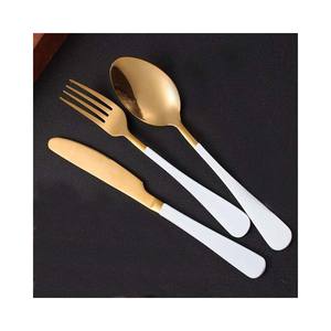 Modern Stainless Steel <b>Gold</b> Polished Restaurant Dinner Wedding Set Classic White Flat Handle Cutlery Set - Product Image 1