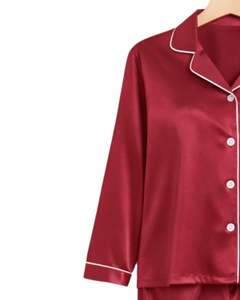 Manufacturer <b>Women</b> Wine Red Satin <b>Silk</b> <b>Pajama</b> Set Button Down Long Sleeve Sleepwear Luxury Soft Shiny Nightwear Loungewear - Product Image 4