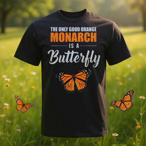 T-shirt con farfalla reale arancione e citazione liberalista, ideale per uso promozionale - Product Image 3