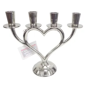 Metal Decorative 4 Arms Aluminum Candle Nickel Silver Color Heart Shaped Design Candle Holder For Festival Decoration