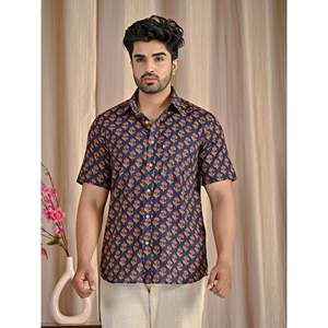 Chemise à manches courtes en coton imprimé bleu marine, tissu popeline 100%, col boutonné, style décontracté, taille 6XL, chemises habillées pour hommes ODM - Product Image 3