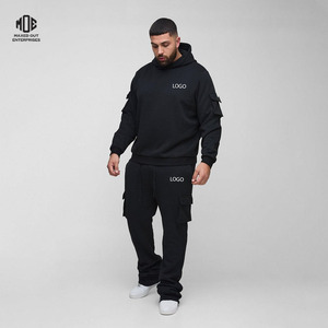 Conjunto Deportivo Unisex Ligero 100% Algodón 500gsm Estampado Holgado para Hombre, Negro, Estilo Cargo con Capucha, Felpa, Talla Grande - Product Image 1