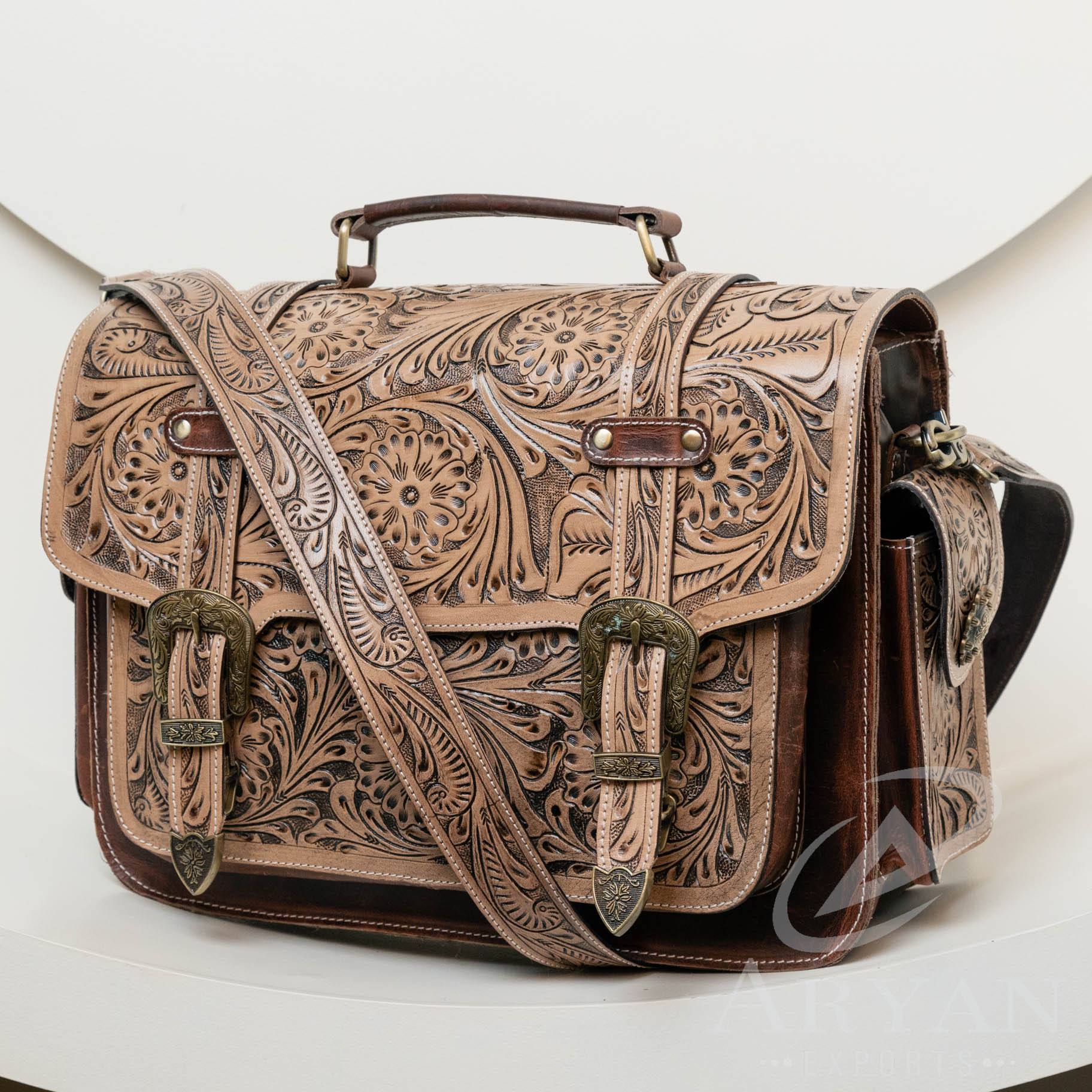thumbnail interactive-video image 1 of Western Leather Laptop Bag For Women - Boho Tassel Design With Multiple Compartments 1 of 9