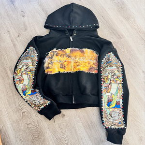 เสื้อฮู้ดซิปโอเวอร์ไซส์สไตล์สตรีทแวร์สำหรับผู้ชาย ผลิตตามสั่งพร้อมโลโก้ของผู้ผลิต ผ้าฝ้าย 100% 465GSM พิมพ์ลาย DTG สไตล์วินเทจ ประดับด้วยคริสตัล - Product Image 1