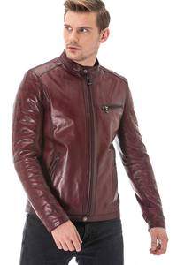 High Quality Men Red Maroon Genuine Sheepskin Notch Lapel Collar Biker Rider Outfit Crossover <b>Cafe</b> <b>Racer</b> Motor <b>Leather</b> <b>Jacket</b> - Product Image 4