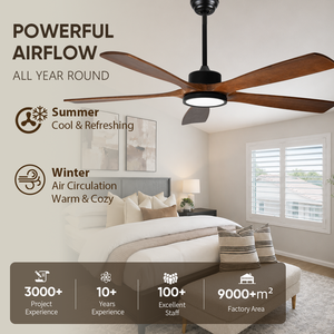 Ventilateur de plafond en bois massif de 60 pouces avec lumière, 5 pales, moteur DC, télécommande et contrôle par application pour salon - Stock Europe - Product Image 2