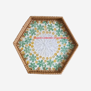 ถาดรองหวายทรงหกเหลี่ยมสานด้วยมือพร้อมถาดสำหรับวางบนโต๊ะกาแฟธรรมชาติฝังมุกสำหรับตกแต่งบ้านและจัดห้องครัว - Product Image 1