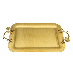 Plateau de service en laiton martelé artisanal avec poignées de fleurs élégantes Plateau de service luxueux en métal doré pour la décoration intérieure ou la fête - Product Image 1